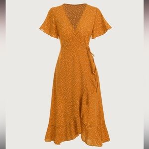 Rihoas Yellow Polka Dot Ruffle Wrap Dress